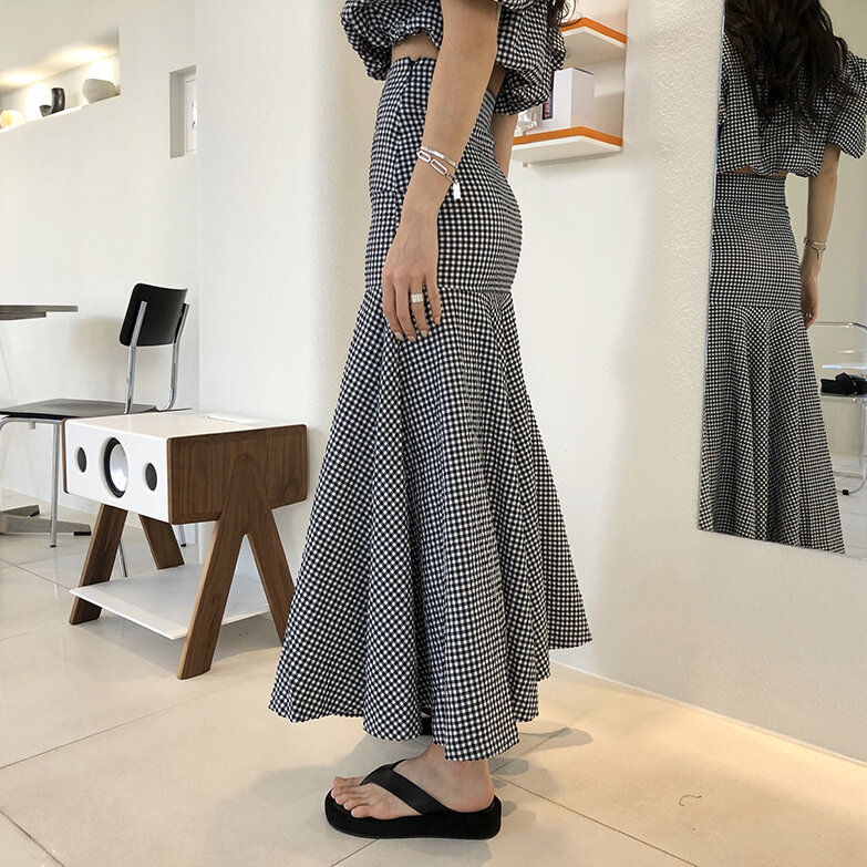 2022 nova moda feminina de verão sexy xadrez sopro manga curta camisa + bodycon longo sereia saia define 2 peças conjuntos casual terno conjunto