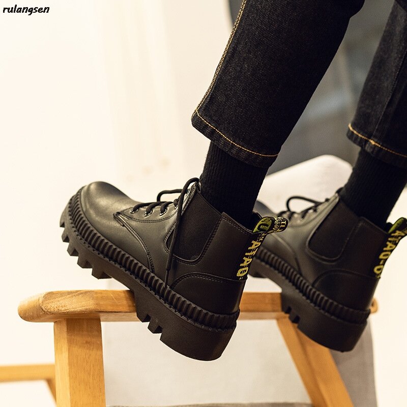 Ботинки Martin мужские высокие универсальные Полусапоги в британском стиле корейские черные мотоботы мужские кожаные ботинки, увеличивающие ...