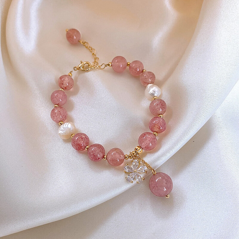 Bonita pulsera Coreana de cristal rosa para chica, colgante de flores de zirconia