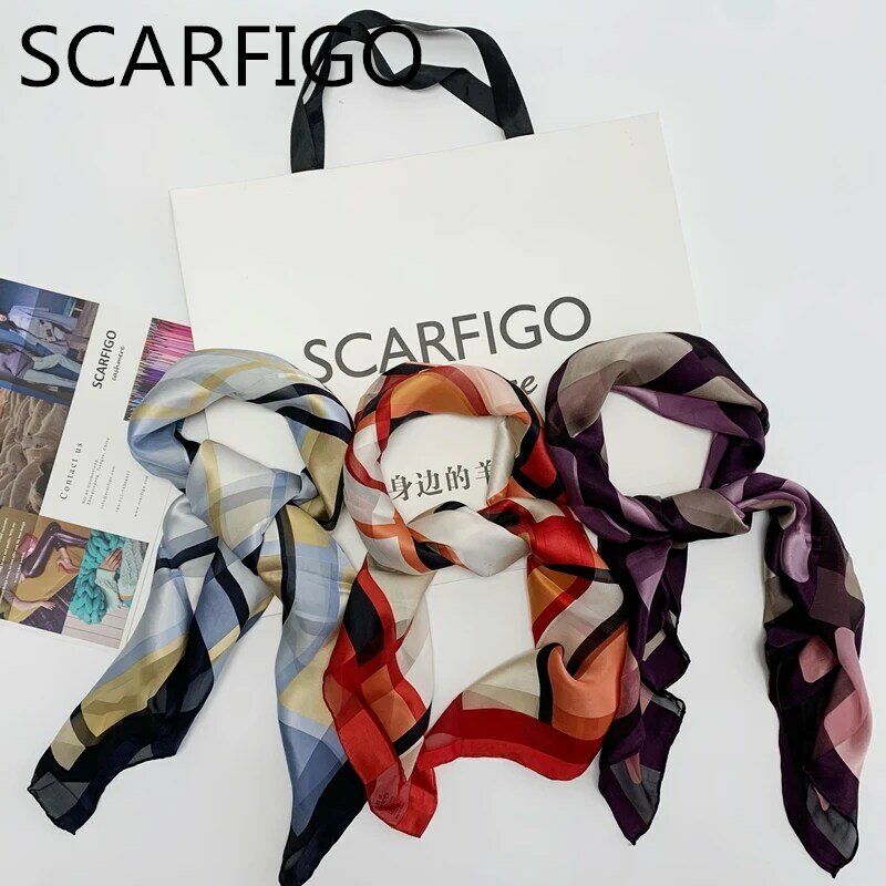 SCARFIGO 85*85ซม.100% สำหรับผู้หญิงบิ๊กสแควร์ผ้าไหมผ้าพันคอคอแฟชั่นลายสก๊อตผ้าคลุมไหล่