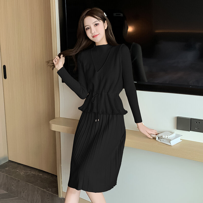 ファッション冬の新韓国語バージョンのvネックベストプリーツニットドレス