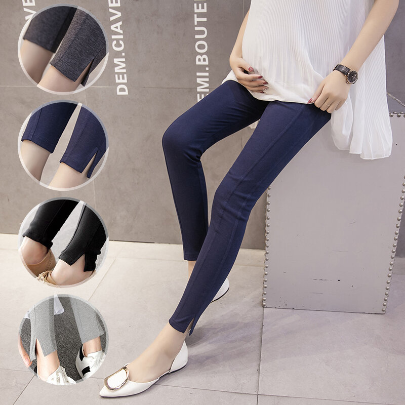 2021 autumn solid color pregnant women skinny belly leggings side split stretched maternity trousers pregnancy pencil pants slim