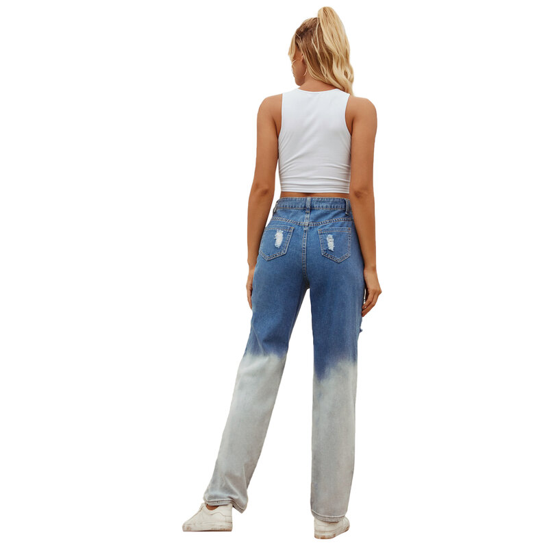 Difiupai Womens Broek Vantage Gescheurd Broek High Rise Taille Stretch Contrast Kleur Denim Lange Rechte Pijpen Jeans Blauw