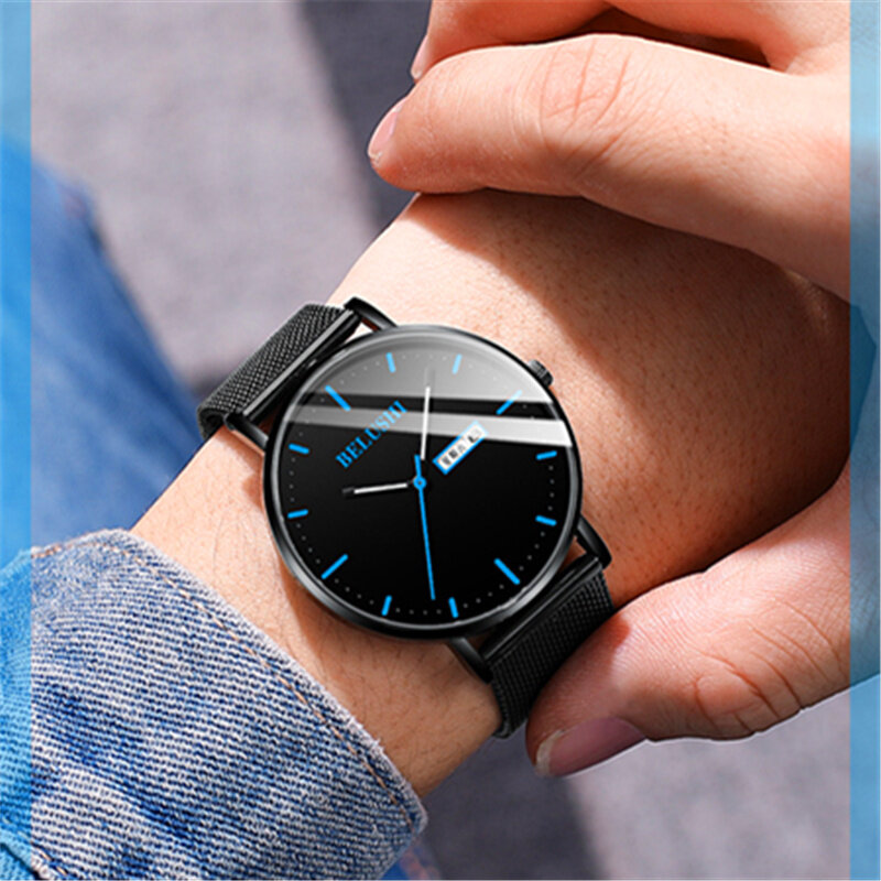 Belushi minimalista moda masculina ultra fino relógios simples negócios aço inoxidável malha cinto de quartzo relógio relogio masculino