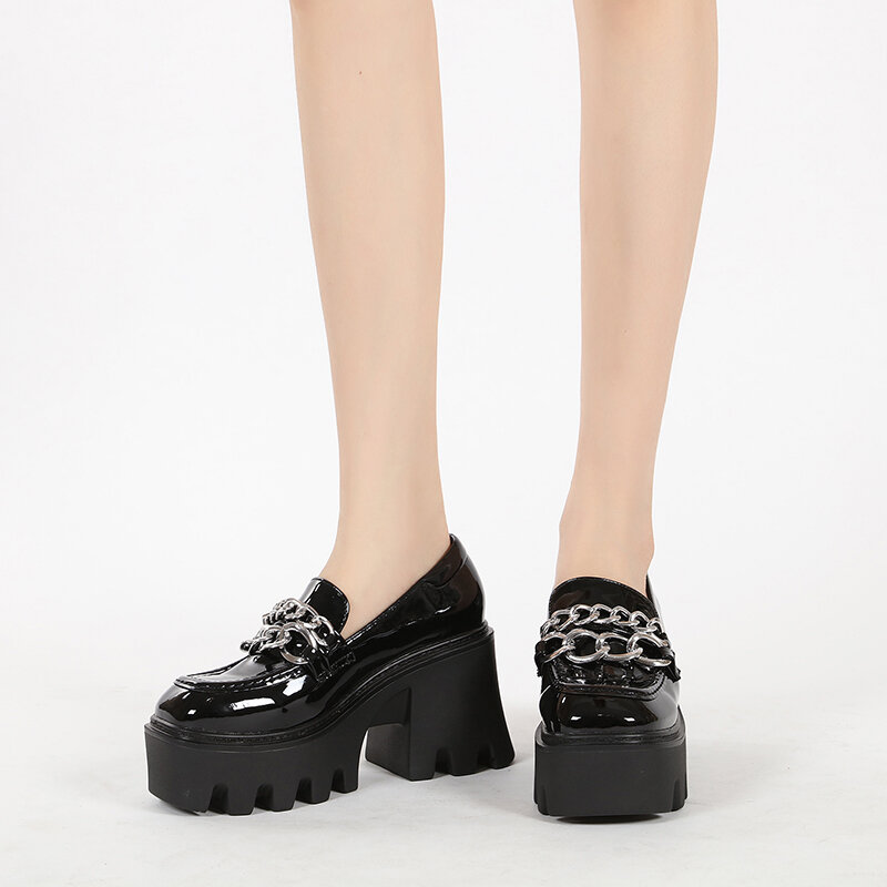 AIYUQI-zapatos de tacón alto con plataforma para mujer, mocasines con cadena de charol, punta redonda, otoño, 2021