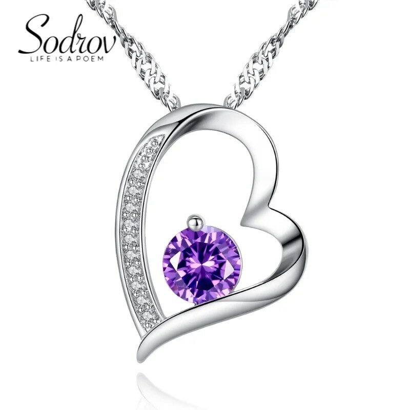 SODROV Purple Zircon Heart Pendant Necklace for Women Silver Jewelry Women Silver Necklace
