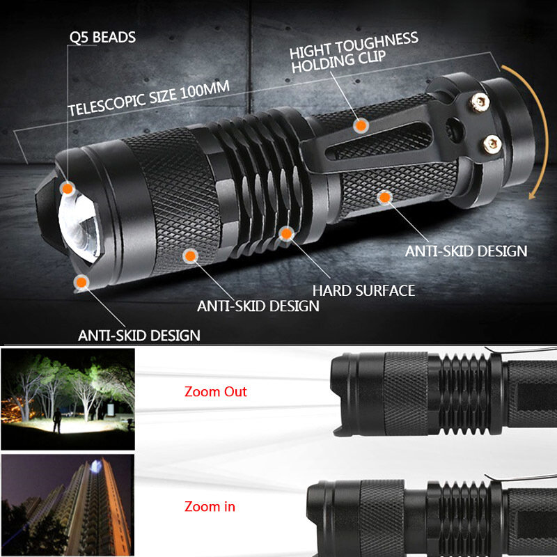 Mini lampe de poche puissante à lumière Led Q5, torche réglable, Zoom, lampe Portable, # p30, nouvel arrivage