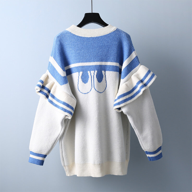 Autumn winter Pullover Korean version loose medium and long college style sweater lovely top female blue sweater