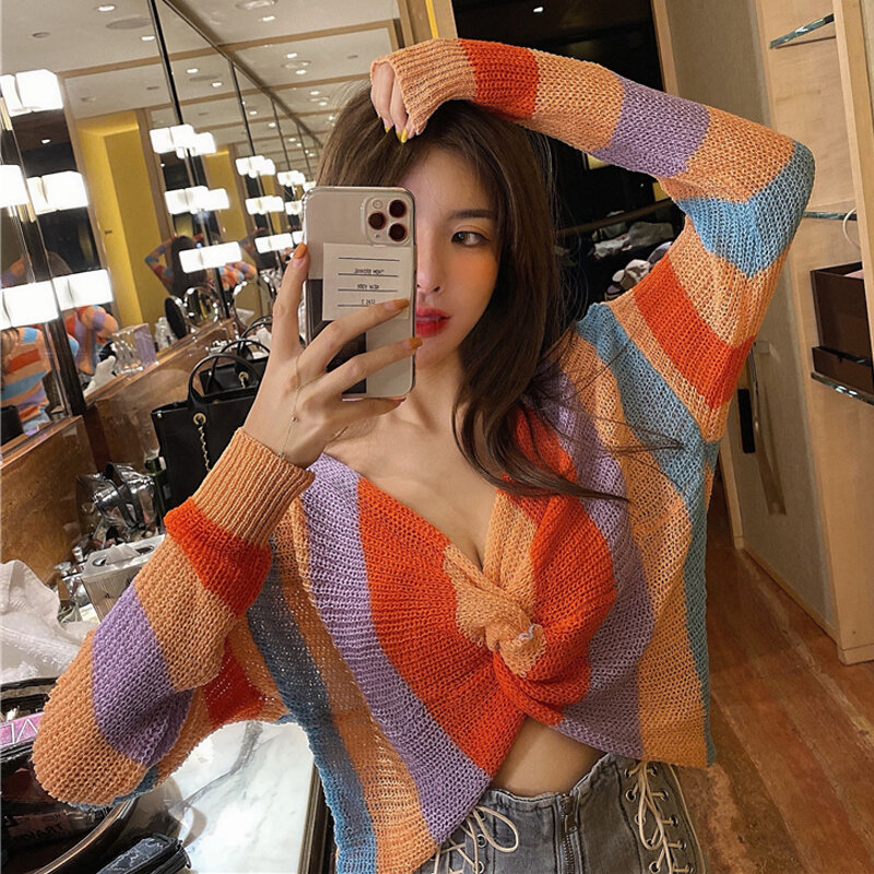 Sexy V-neck Crisscross Cropped Knitwear Top Fashion Contrast Color Patchwork Pullover Sweater Fall 2020 Women