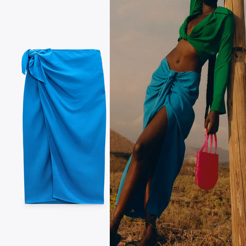 ZA-Falda Midi de verano para Mujer, Falda larga de cintura alta, estilo Vintage, con abertura lateral anudada, 2021