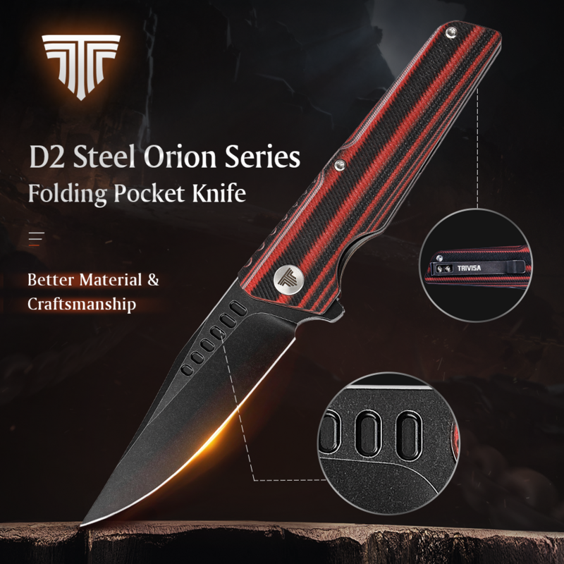 TRIVISA جيب سكين للفرد مع زعنفة مفتوحة ، كليب EDC السكاكين مطوية للرجال ، 3.66 "D2 شفرة فولاذية & G10 مقبض للخارجية