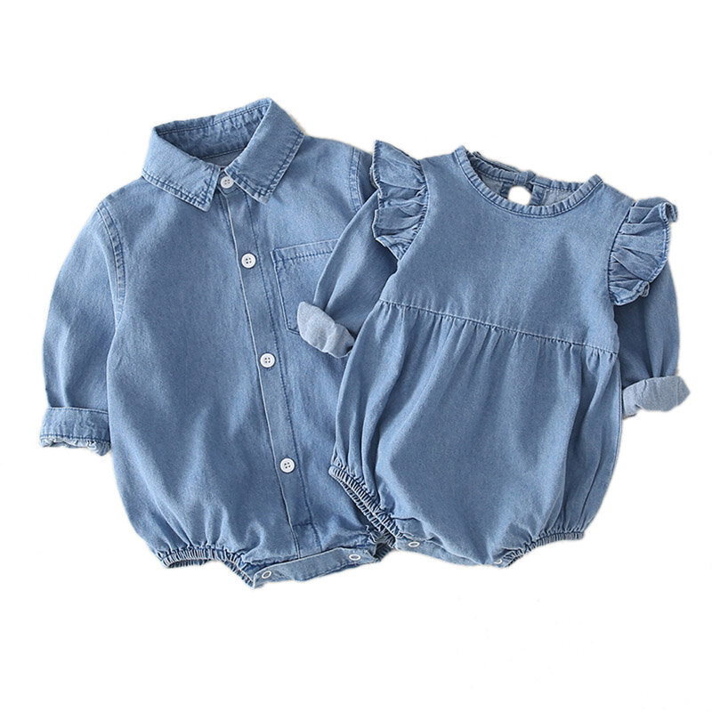 Autumn Infant Baby  Long Sleeve Solid Print Denim Kids Girls Jumpsuit Clothes