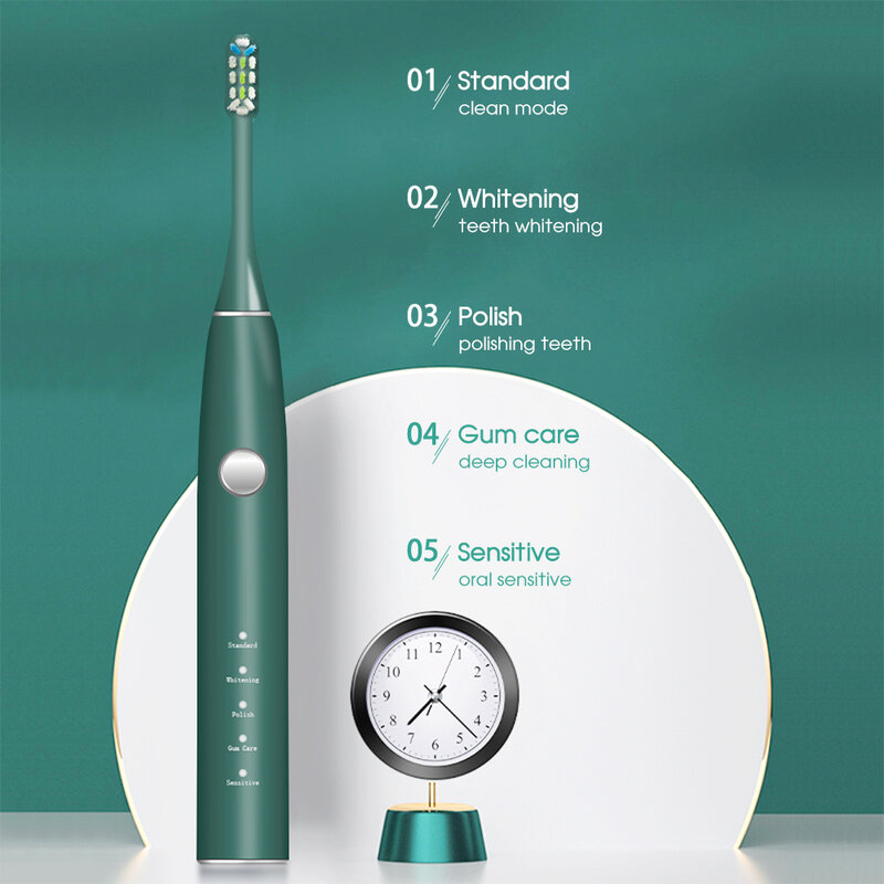 [Boi] Rechargeable USB Fast Charging Quiet 5 Modes IPX7 Waterproof Smart Tooth Brushes Sets  Sonic Electric Toothbrush For Adult