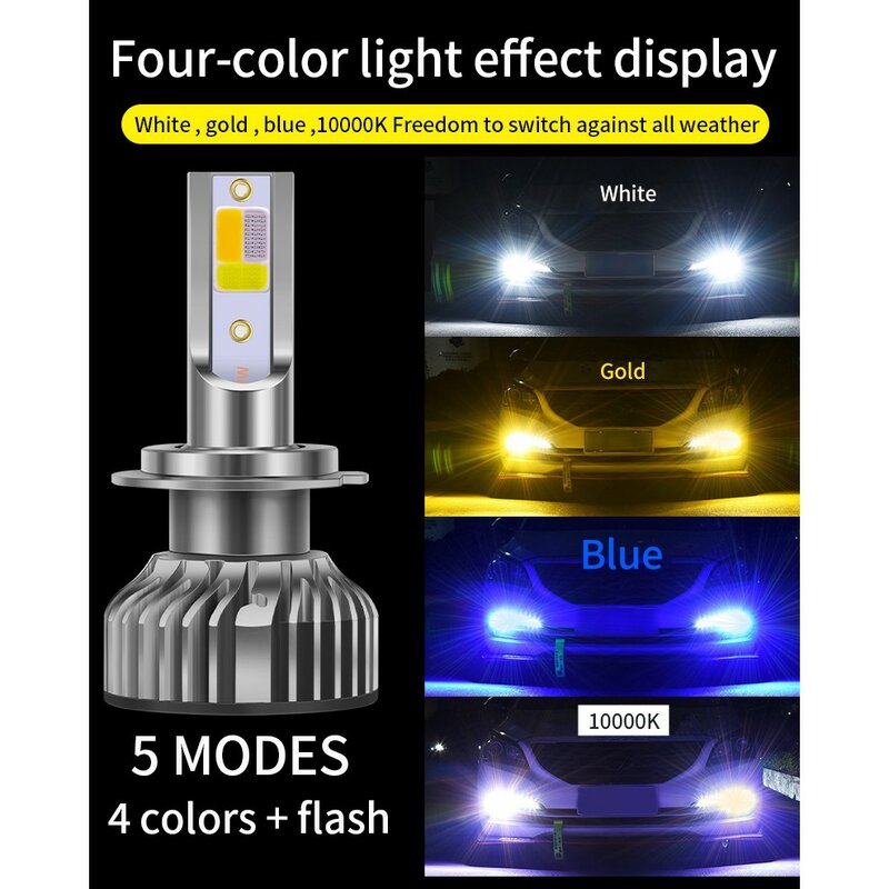 Faro LED de 10000LM para coche, accesorio con Flash, cuatro colores, H4, H1, H7, H8, H9, H11, H16, 9005, HB3, 9006, HB4, 3000K, 6000K, 10000K, 1 par