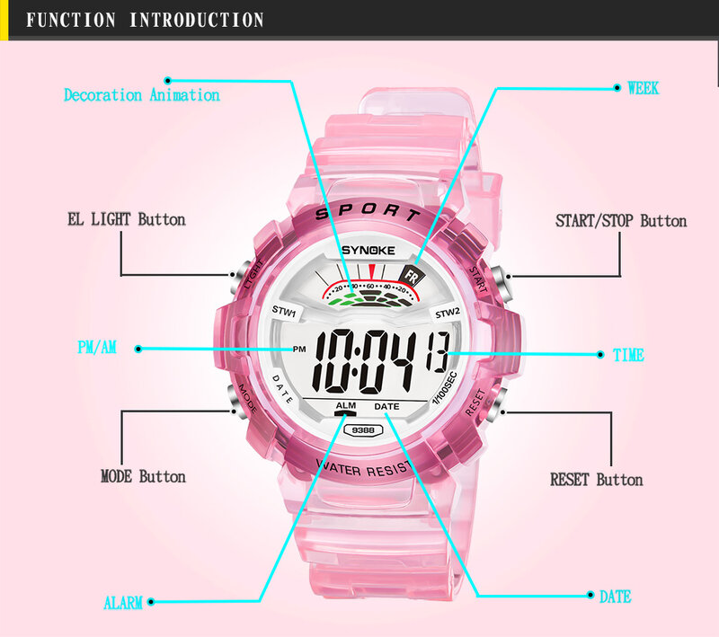 SYNOKE Jam Tangan Anak Jam Tangan Digital Tahan Air Bercahaya Warna-warni Jam Tangan Anak Siswa Olahraga Alarm Hadiah Anak Laki-laki Perempuan Reloj