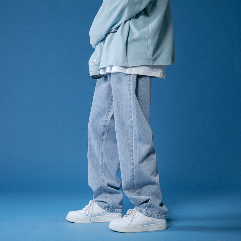 2021 nowe codzienne szarawary dżinsowe jednokolorowe męskie proste spodnie moda Streetwear luźny dżins spodnie Drop Feeling szerokie spodnie nogi