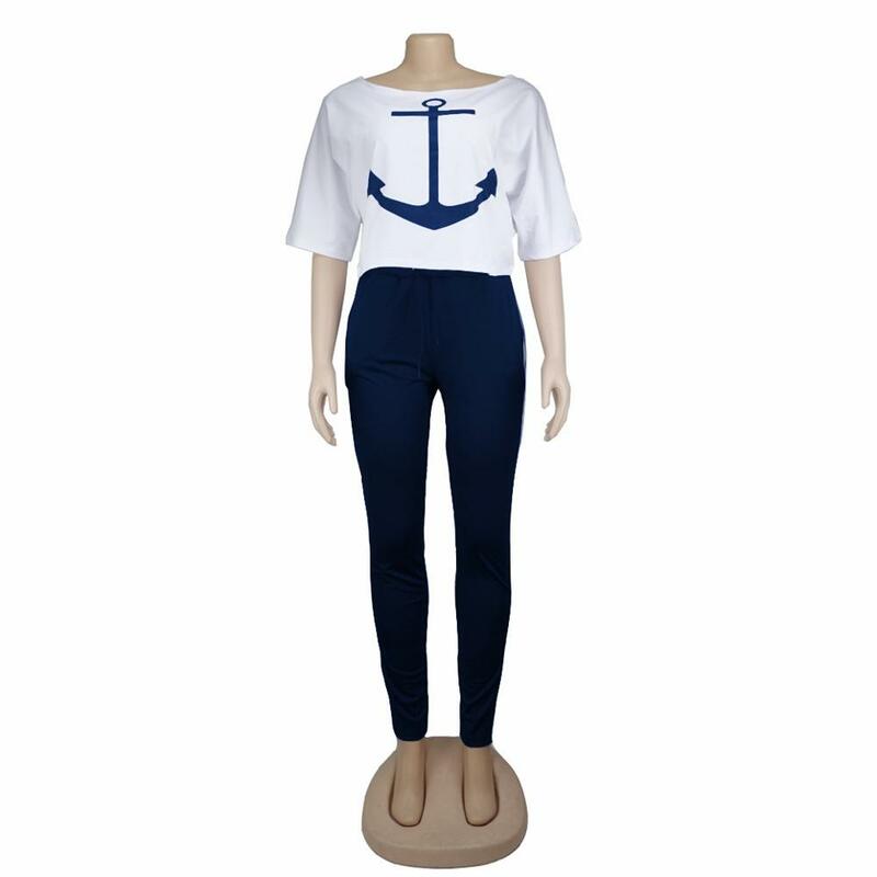 Eropa dan Amerika Leisure Jangkar Angkatan Laut Pencetakan Dua Potongan Fashion O-Leher Lengan Pendek T-shirt dan Celana Jas Wanita