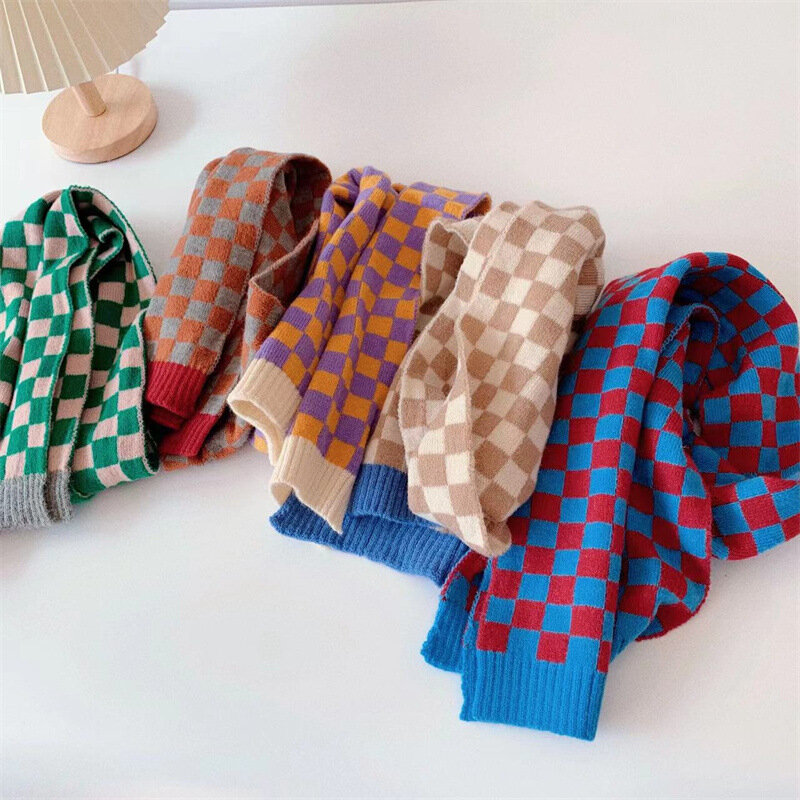 Детский осенне-зимний вязаный клетчатый шарф Детская корейская мода утолщенный теплый шейный платок в стиле пэчворк для мальчиков и девоче...