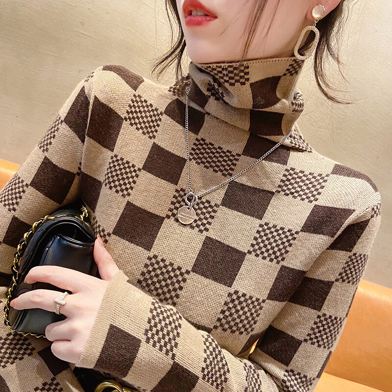 Plaid Autumn Winter Turtleneck Women Sweaters Elegant Slim Female Knitted Pullovers Casual Thicken Stretched Sweater Jumpers