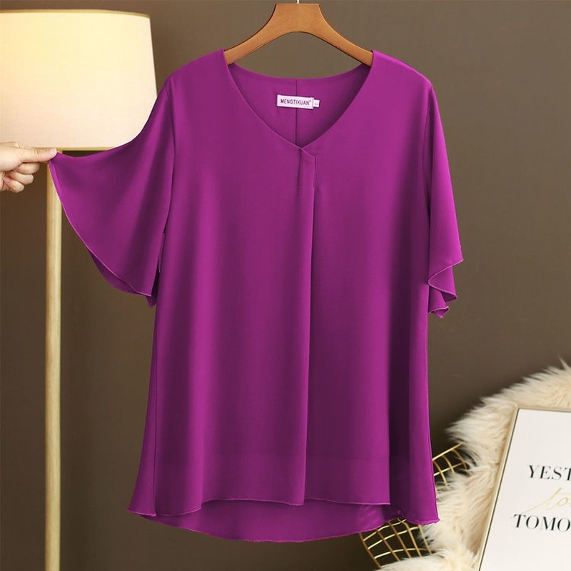 2021 New Summer Tops 6XL Oversized Women Blouses Solid Casual V-Neck Chiffon Blouses Loose Plus Size Shirt Tops Fashion Clothes
