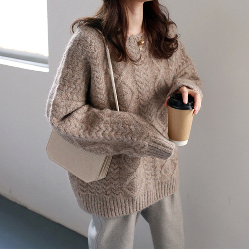 Sweater Women 2021 New Autumn Winter Knitting Thicken Round Neck Long Sleeve Solid Color Casual Japanese Style Simplicity