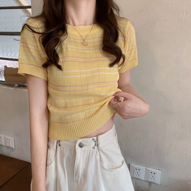 한국 스타일 슬림 핏 슬리밍 얇은 혼합 색상 스트라이프 귀여운 청소년처럼 보이는 반팔 스웨터 여성용, 여름 2021