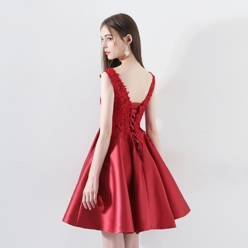 2019 Spring New Fashion Women Homecoming Dresses Sleeveless Sexy V-neck Back Lace Up Appliques Prom Party Dress Haute Couture
