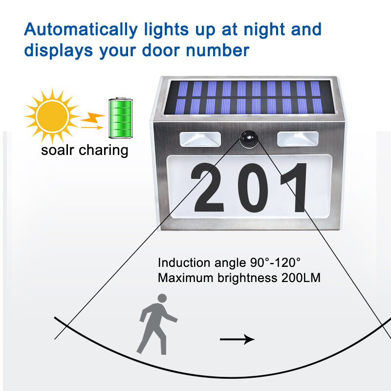 Plaque de porte LED à énergie solaire en acier inoxydable avec capteur de mouvement, éclairage pour porte de jardin ou de cour