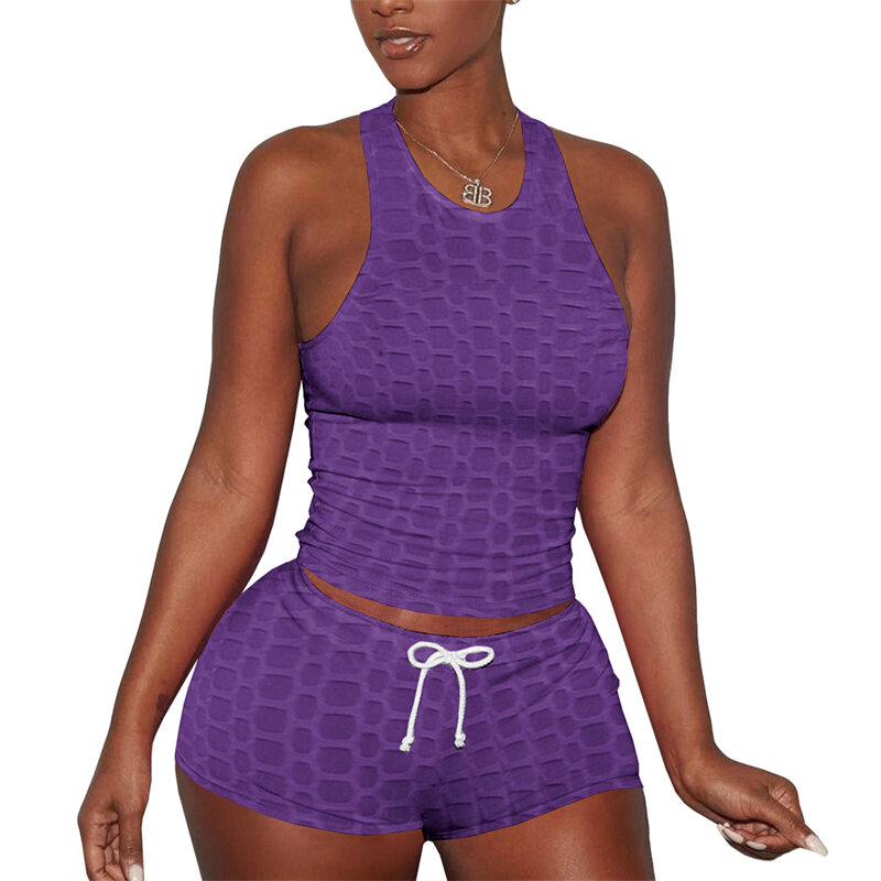 Frauen Sport 2Pcs Kleidung Sets Damen High-Taille Shorts Anzug Spitze-Up Einfarbig Ärmelloses Sommer Casual yoga Kleidung