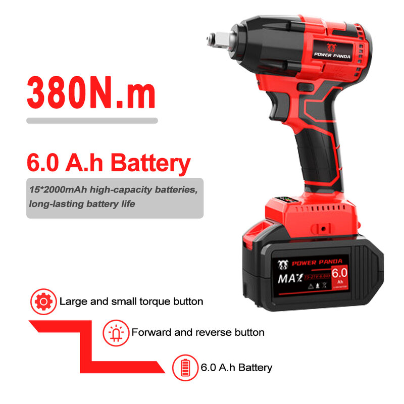 POWER PANDA 30000mah Electric Impact Wrench Corded 1/2-Inch , 380N.m Max Torque, 3800rpm speed, Two-Direction Rocker Switch