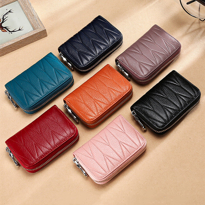 Leather zipper card holder wallet RFID business credit card bag large capacity ladies hand wallet passport holder coin purse