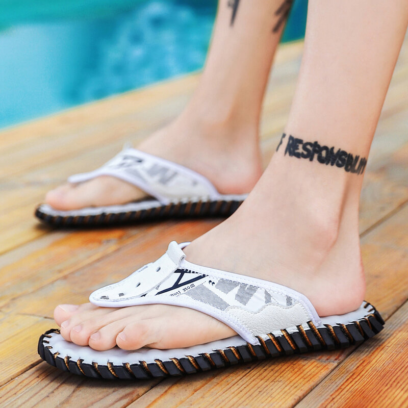 YISHEN – tongs d'été en cuir véritable pour hommes, sandales de plage confortables et décontractées, chaussures d'extérieur