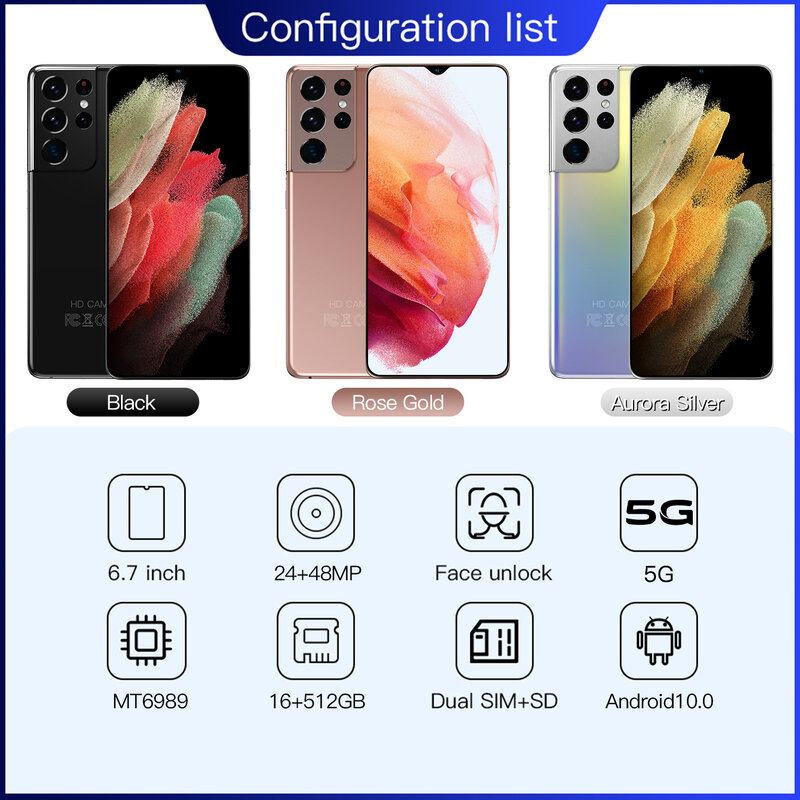 Smartphone S21 Ultra 5G débloqué, téléphone portable, Version globale, écran de 2022 pouces, batterie de 6.7 mAh, Android, 16 go, 6000 go, 24 + 48MP, 512