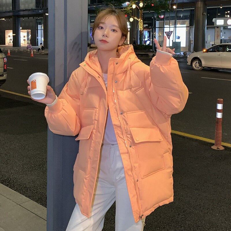 2021 inverno estilo coreano solto grosso algodão casaco de comprimento médio para baixo algodão casaco cor doce novo para mulher