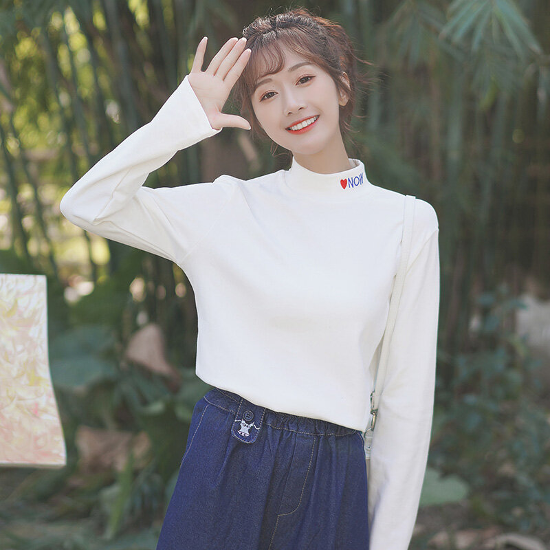 Camisa feminina estilo hong kong, camiseta de gola alta chique estilo outono e inverno 2020