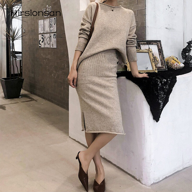 Hirsionsan Winter Casual Knitted Sweater Suits Women Soft O-neck Tops and Dress Two Peice Sets Female Solid Loose Outfits Lady
