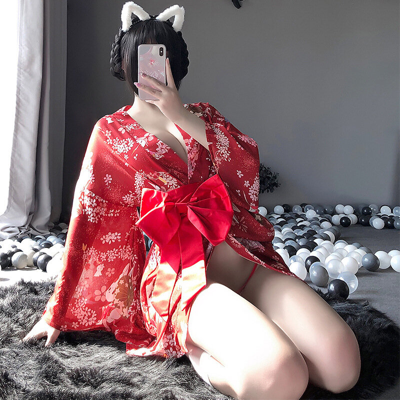 Kimono japonés de amor para mujer, lencería Sexy, kimono de conejo, bata de baño, traje de noche, uniforme de tentación