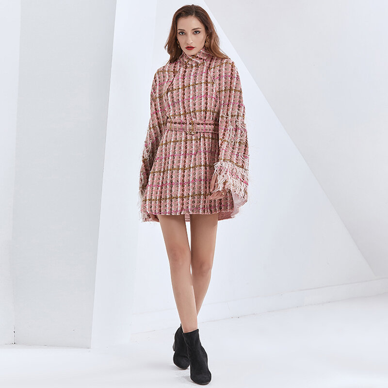 TWOTWINSTYLE Patchwork Tassel Plaid Jacket For Women Turtleneck High Waist Sashes Hit Color Casual Coats Female 2020 Fall New