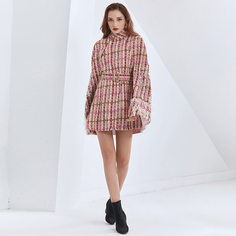 Twotwinstyle Patchwork Kwastje Plaid Jas Voor Vrouwen Coltrui Hoge Taille Sjerpen Hit Kleur Casual Jassen Vrouwelijke 2020 Fall Nieuwe