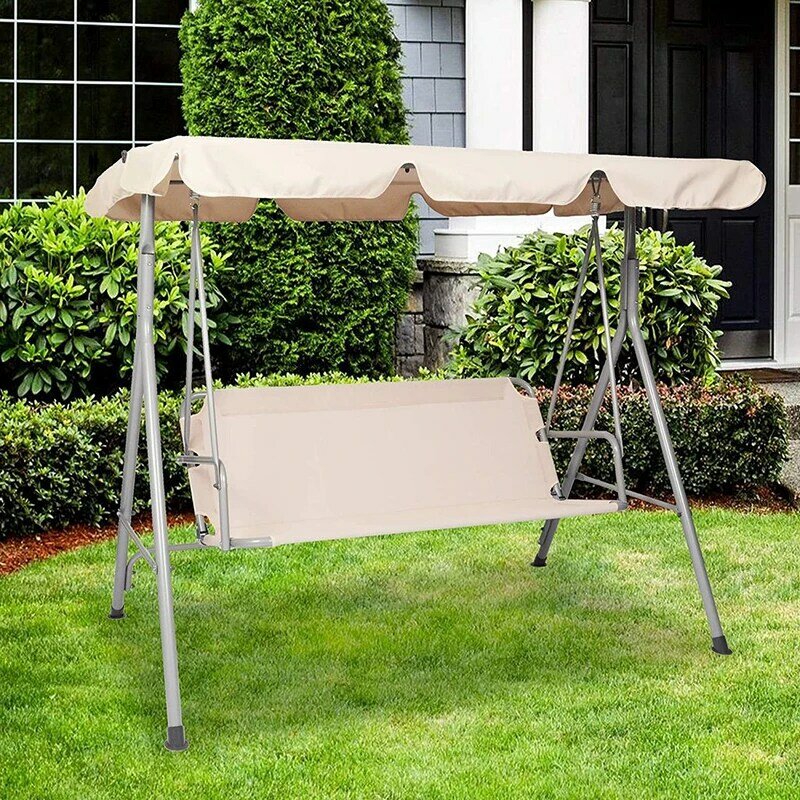 3 Person Porch Swing with Stand and Waterproof Canopy All Weather Resistant Swing Bench, Beige