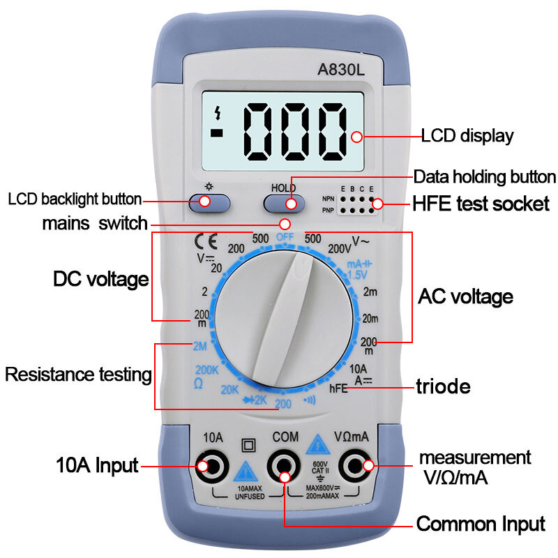 Multimeter Digital LCD AC DC Diode Voltase Freguency Tester Arus Tampilan Bercahaya dengan Fungsi Buzzer