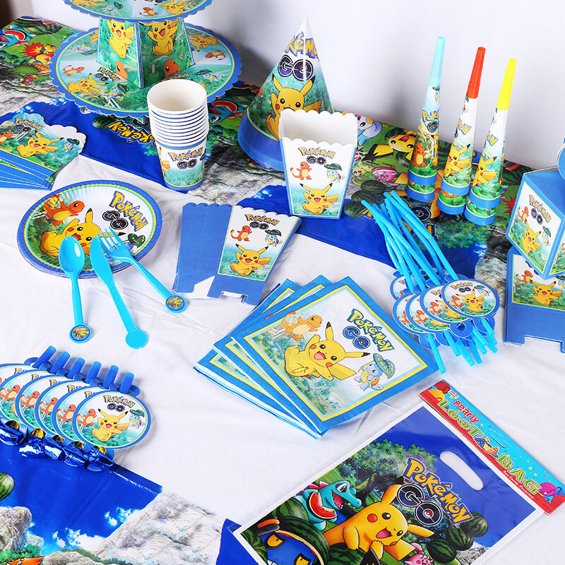 포켓몬 포켓 몬스터 가족 아이 생일 파티 피카추 일회용 식탁보 식기 컵 접시 냅킨 선물 가방, 장난감 선물