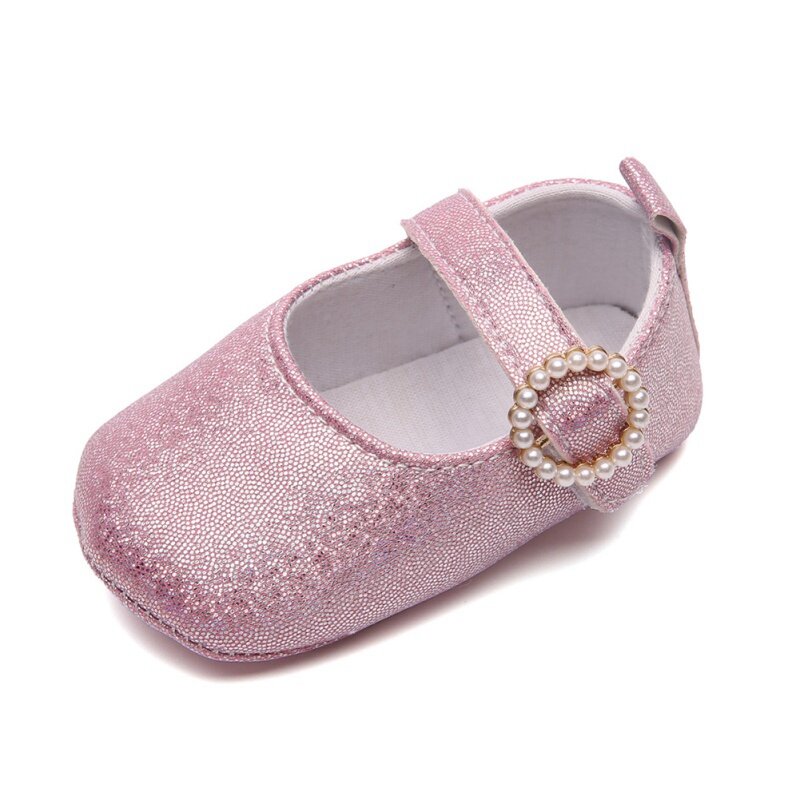 Туфли для маленьких принцесс с жемчужной пряжкой, мягкая блестящая ткань, парадное платье для маленьких девочек, Нескользящие, для начинающ...