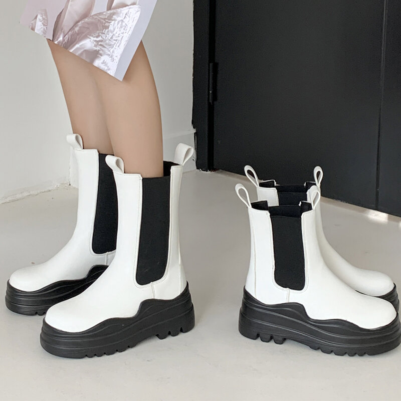 แฟชั่นผู้หญิงสีดำสีขาวเชลซีรองเท้า2021ฤดูใบไม้ร่วง Punk Gothic รองเท้าข้อเท้าถุงเท้าสูงแพลตฟอร์มแ...