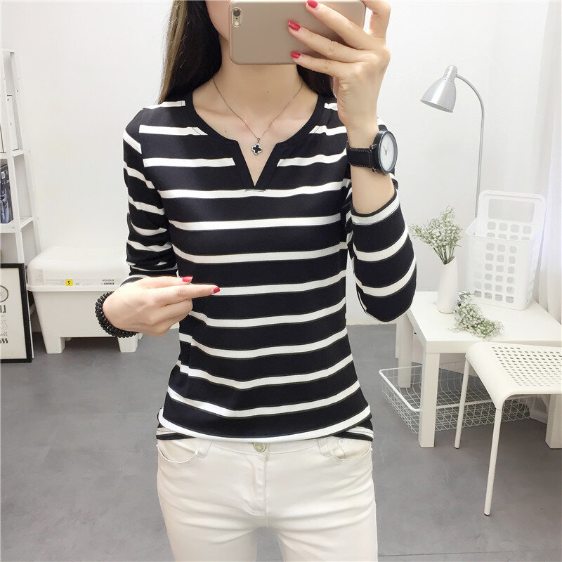 2021 New Striped V-neck Long-Sleeved T-shirt Women's Autumn Ins Trendy Slim Korean Style Bottoming Shirt Western Style Inner