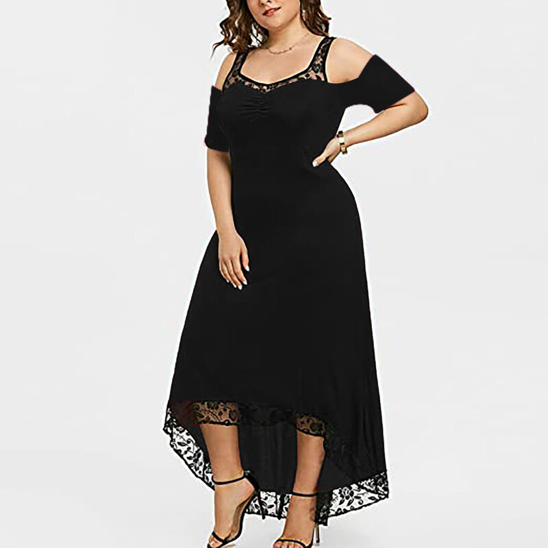 Mode Vrouwen Plus Size Sexy Korte Mouw Solid Lace Strapless Maxi Jurk Nieuwe Grote Maat Casual Zonnejurk Club Night Outfits