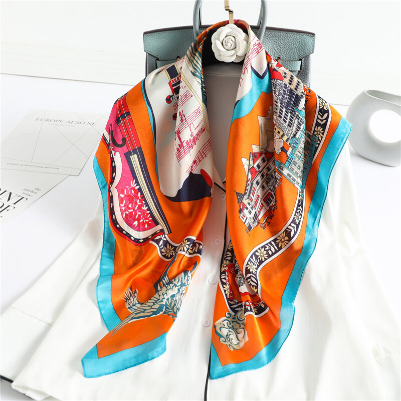 女性のためのレトロな正方形のシルクのスカーフ,ヘアバンド,バンダナバッグ,90cm