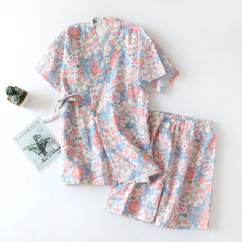 Pijamas de verão femininos, 2 peças, de algodão, manga curta, kimono, estilo japonês, gola em v, fina, seção fofa, roupa de dormir doce