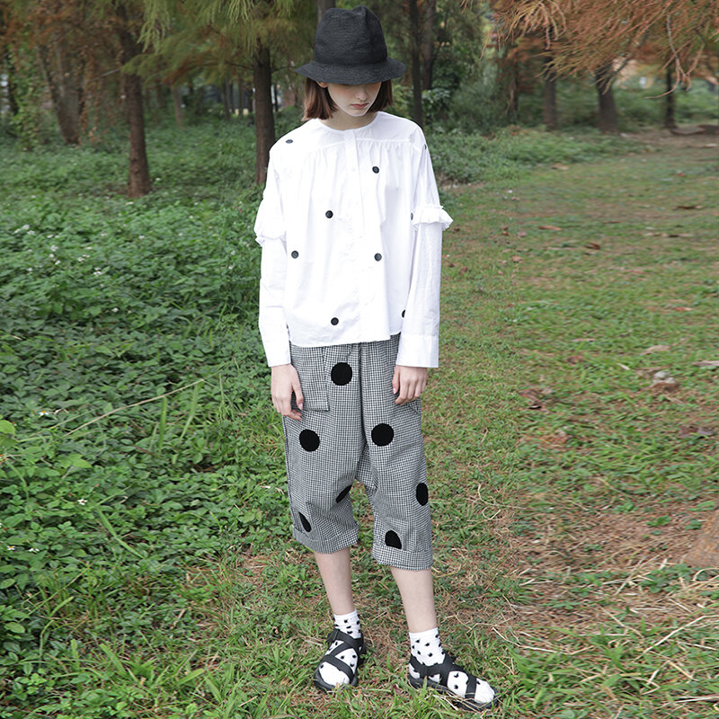 Imakokoni weiß polka dot lange ärmeln shirt original-design stickerei student lose top weibliche herbst 172261