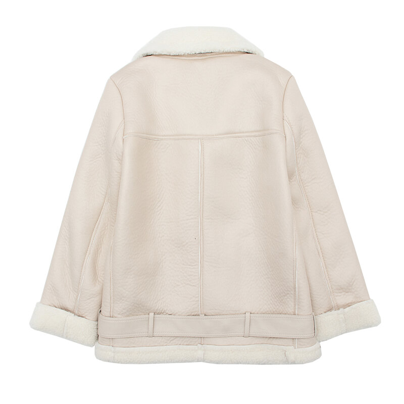 Novo casaco de pele de cordeiro do falso casaco de couro para baixo gola inverno grosso zíper quente com cinto outerwear jaqueta couro feminino